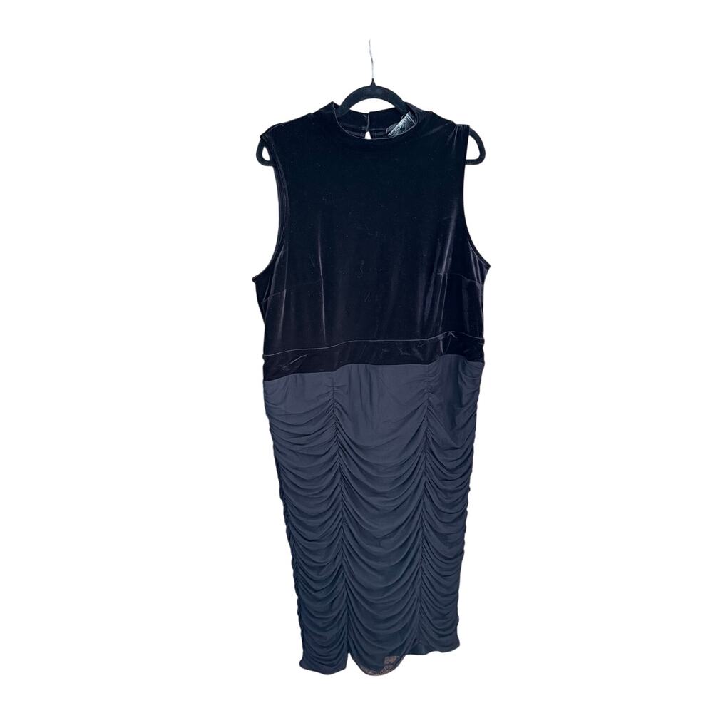 Torrid Black Velvet Ruched Midi Dress 18 Sleeveless Mesh Skirt NWT night out